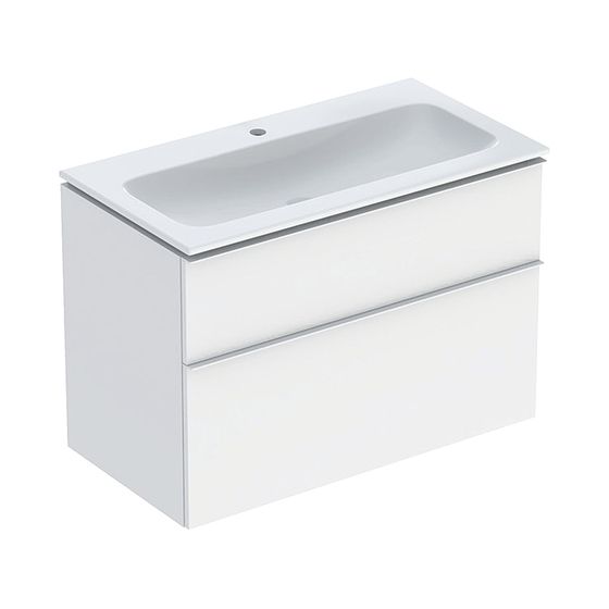 Geberit iCon Set Möbelwaschtisch schm. Rand Unterschrank 2 Schubladen u Anschluss 90cm Weiß/lack matt Weiß/plvb matt Weiß