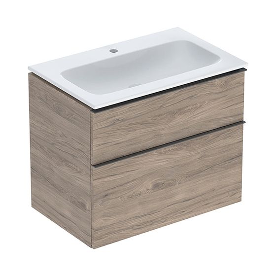 Geberit iCon Set Möbelwaschtisch schm. Rand Unterschrank 2 Schubladen u Anschluss 75cm Nussb./Melamin Lava/plvb matt Weiß