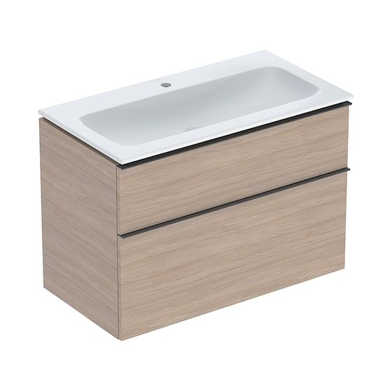 Geberit iCon Set Möbelwaschtisch schmaler Rand 2 Schubladen Ansch. 90cm KeraTect Eiche Melamin Holzstruktur/Lava pulverb. matt