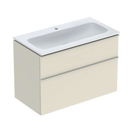 Geberit iCon Set Möbelwaschtisch schmaler Rand 2 Schubladen An. 90cm KeraTect Sandgrau lackiert hochglänz./Sandgrau pulv. matt