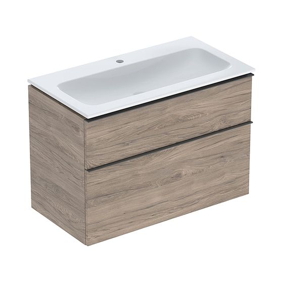 Geberit iCon Set Möbelwaschtisch schm. Rand Unterschrank 2 Schubladen u Anschl 90cm Weiß KeraTect Nussb./Melamin Lava/plvb matt