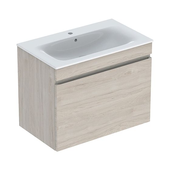 Geberit Renova Plan Set Möbelwaschtisch 80cm, Unterschr., 1 Schubl./1 Innenschubl., Nussbaum hickory hell/weiß, schmaler Rand