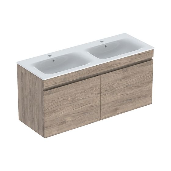 Geberit Renova Plan Set Doppelmöbelwaschtisch zwei Schubladen Korpus und Front Nussbaum Hickory, Waschtisch Weiß