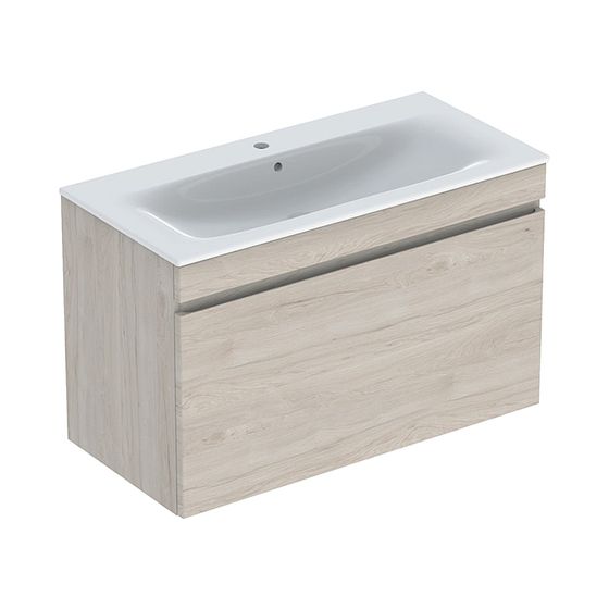 Geberit Renova Plan Set Möbelwaschtisch 100cm, Unterschr., 1 Schubl.Innenschublade, Nussb. hickory hell/weiß KeraT., sch. Rand