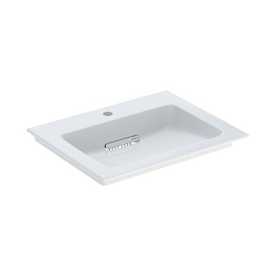 Geberit ONE Möbelwaschtisch Abgang horizontal, B 60cm T 48cm Hahnloch mittig, ohne Überlauf, Weiß/KeraTect, Weiß glänzend