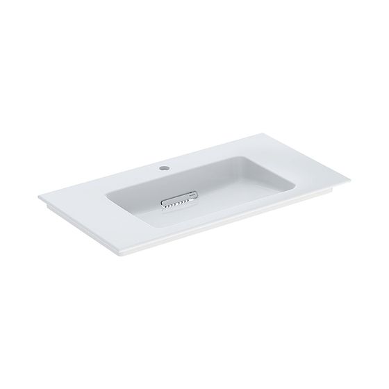 Geberit ONE Möbelwaschtisch Abgang horizontal, B 90cm T 48cm Hahnloch mittig, ohne Überlauf, Weiß/KeraTect, Weiß glänzend