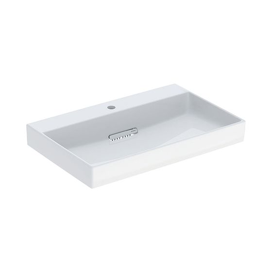 Geberit ONE Waschtisch Abgang horizontal, B 75cm, Tiefe 48cm, Hahnloch mittig, ohne Überlauf, Weiß/KeraTect, Weiß glänzend