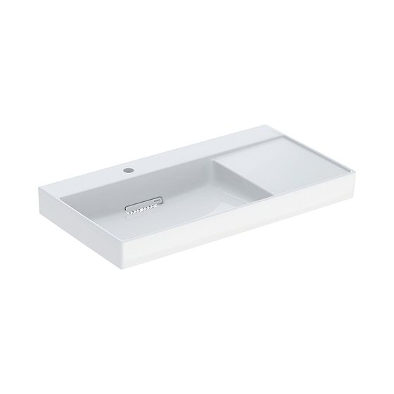 Geberit ONE Waschtisch Abgang horizontal Ablagefläche rechts 90x48cm Hahnloch links ohne ÜL Weiß/KeraTect Weiß glänzend
