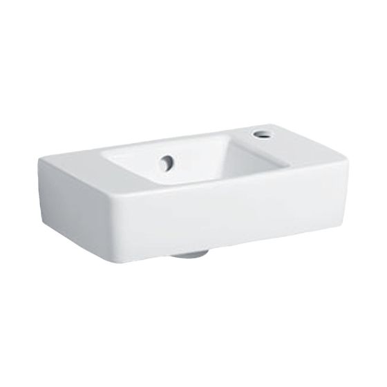Geberit Renova Compact Handwaschbecken verkü. Ausladung, mit Ablagefläche 40x15x25cm Weiß/KeraTect, HL rechts, ÜL sichtbar
