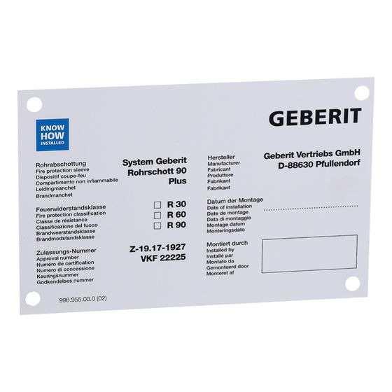Geberit Hinweisschild für Rohrschott 90 Plus
