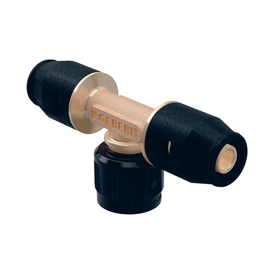 Geberit PushFit Übergangs-T-Stück mit MasterFix, Durchgang, d 20mm, RpMF 1/2″, d1 20mm, Rotguss bleifrei