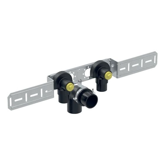 Geberit FlowFit Anschlusswinkel 90 Grad vormontiert, zweifach, abgesetzt, Ablaufrohrschelle d 16mm, Rp 1/2″, L1 5,2cm, AD 15,3cm