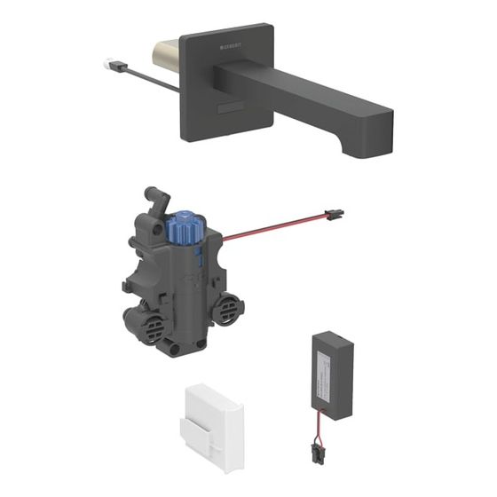 Geberit Brenta Waschtischarmatur Wandmontage Batteriebetr. mit Thermostatmischer L 22cm Mattschwarz für UP-Funktionsbox EtC