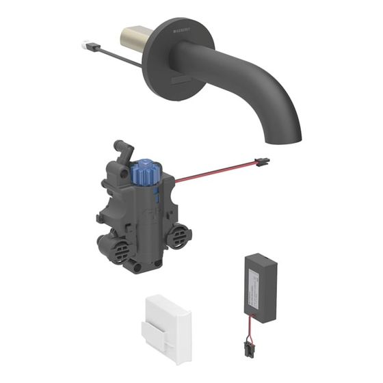 Geberit Piave Waschtischarmatur Wandmontage Batteriebetr. mit Thermostatmischer Länge 22cm Mattschwarz für UP-Funktionsbox EtC