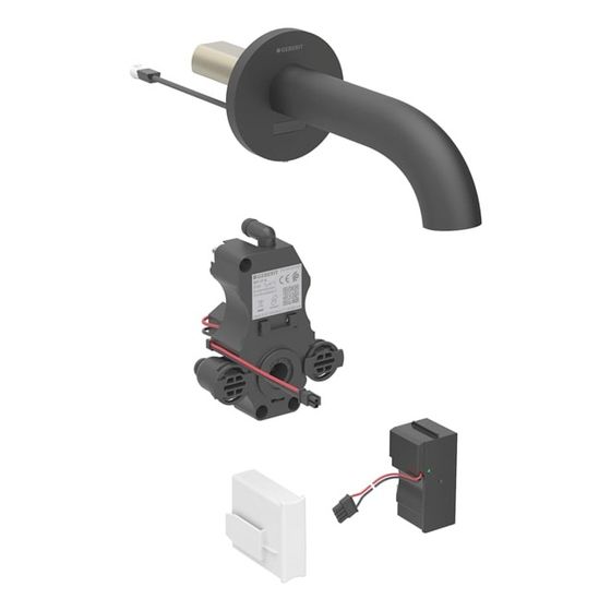 Geberit Piave Waschtischarmatur Wandmontage, Netzbetrieb, ohne Mischer, Länge 17cm, Mattschwarz, für UP-Funktionsbox, EtC.