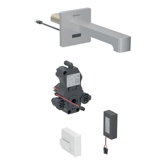 Geberit Brenta Waschtischarmatur Wandmontage, Batteriebetrieb, mit Mischer, Länge 22cm, Edelstahl, für UP-Funktionsbox, EtC.