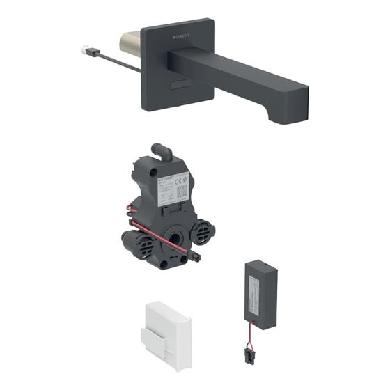 Geberit Brenta Waschtischarmatur Wandmontage, Batteriebetrieb, ohne Mischer, Länge 17cm, Mattschwarz, für UP-Funktionsbox, EtC