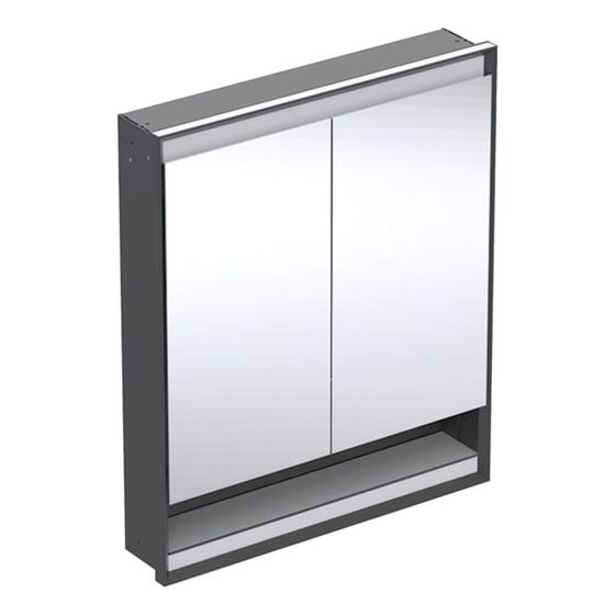 Geberit ONE Spiegelschrank mit Nische und ComfortLight, 2 Türen, UP-Montage, H 90cm B 75cm, Mattschwarz/Aluminium pulverbesch.