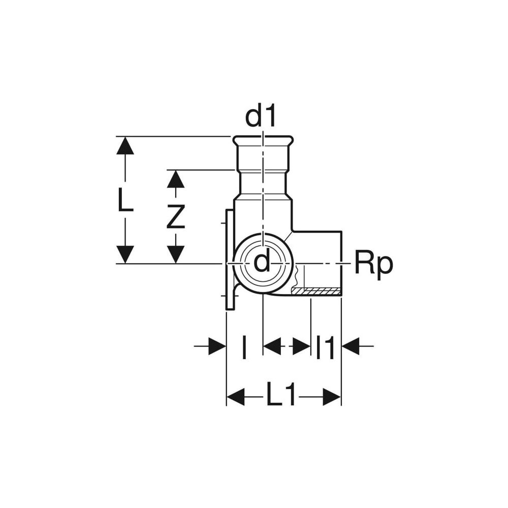 Geberit Mapress Edelstahl Eckanschlusswinkel 90 Grad d 15mm, Rp 1/2″, d1 15mm, L1 4,3cm... GEBERIT-33503 4024723335030 (Abb. 4)