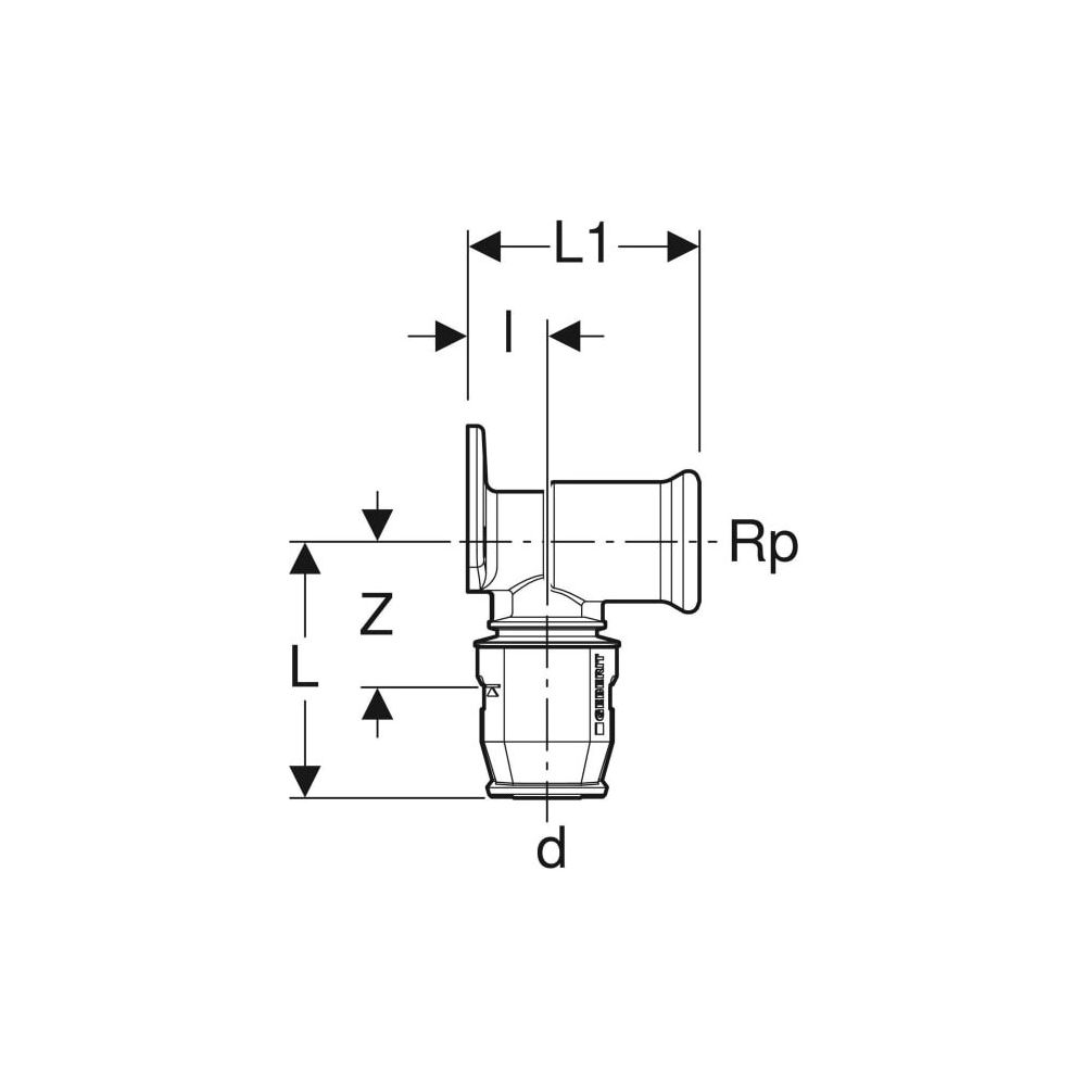 Geberit PushFit Anschlusswinkel 90 Grad CW617N, d 16mm, Rp 1/2″, L1 3,6cm... GEBERIT-650291001 4025416717225 (Abb. 4)