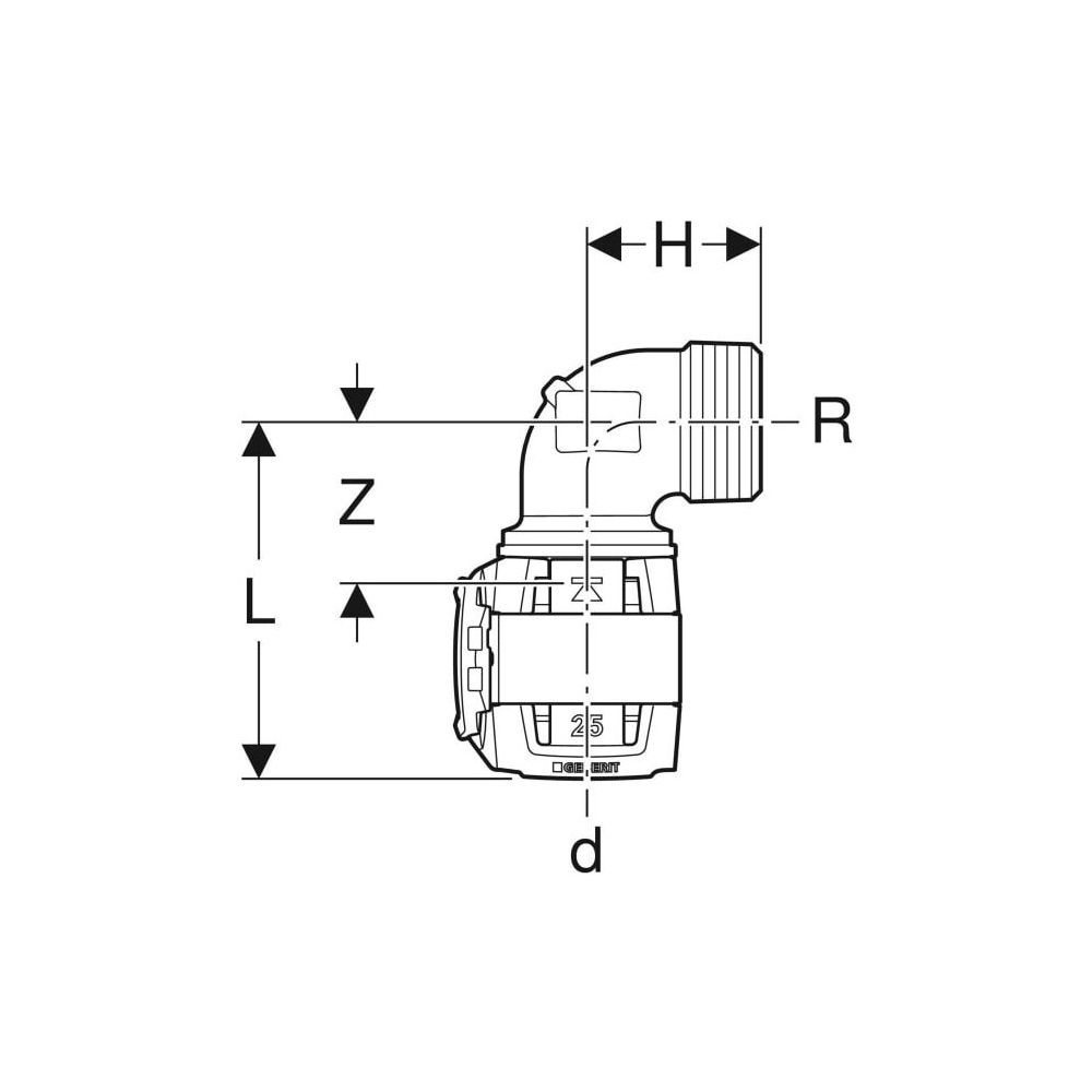 Geberit FlowFit Übergangsbogen 90 Grad mit Außengewinde, lang Bleifreier, d 25mm, R ... GEBERIT-620526001 4025410627445 (Abb. 4)