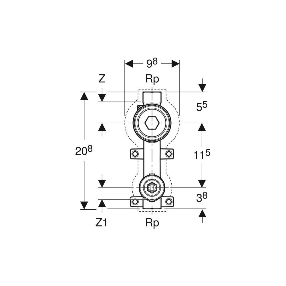 Geberit Wasserzählerstrecke mit Unterputz-Kugelhahn, Rp 3/4″, PN 10 bar, Rotguss ble... GEBERIT-616003001 4025416594529 (Abb. 4)