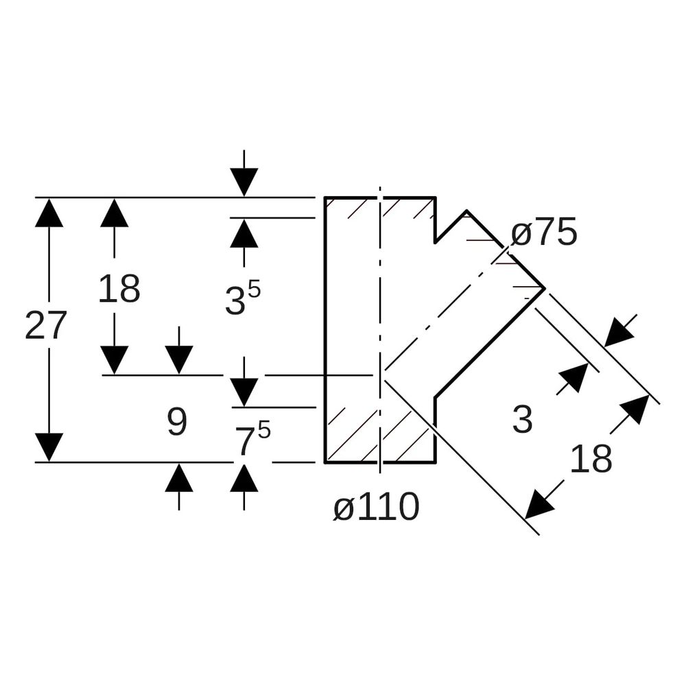 Geberit PE Abzweig 45 Grad 110x75mm, PE-HD, Schwarz, 367125161... GEBERIT-367125161 4025416030737 (Abb. 6)