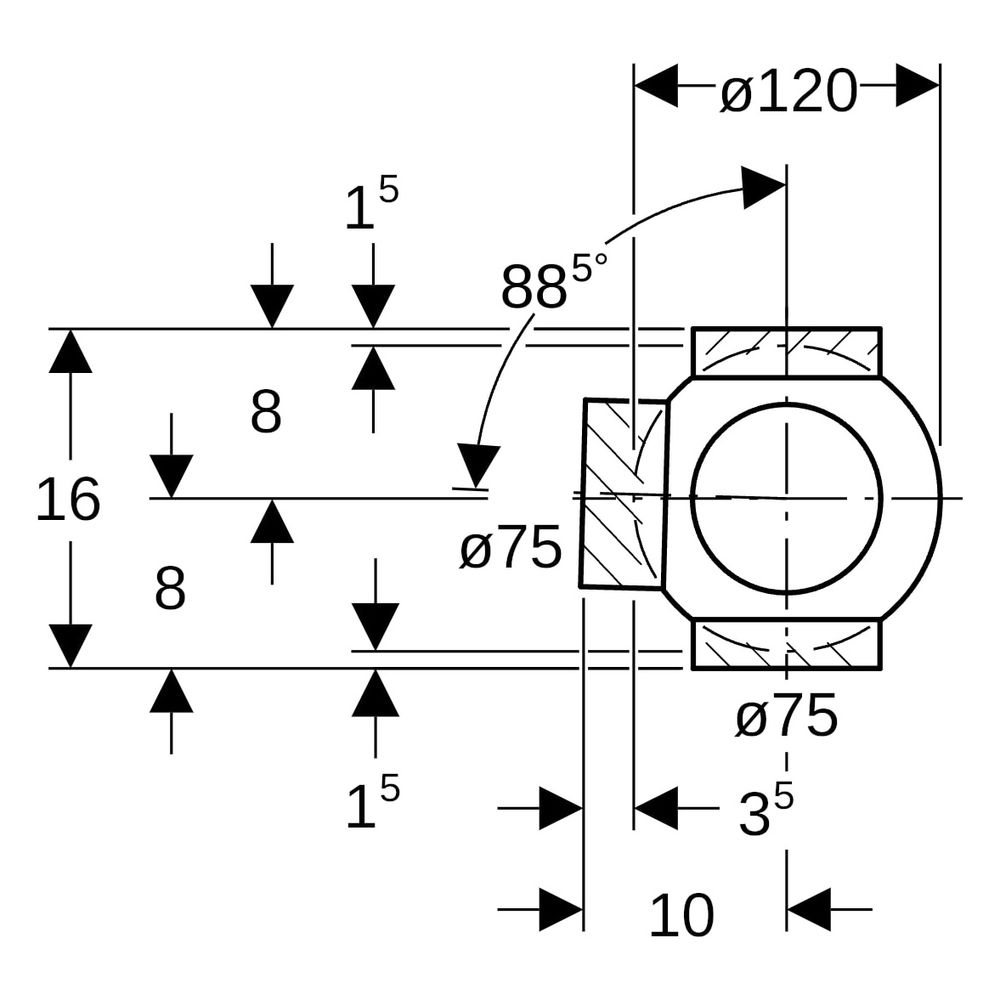Geberit PE Kugelabzweig 88,5 Grad zweifach, Anschlüsse 90 Grad versetzt D 75mm, D1 7... GEBERIT-365325161 4025416027317 (Abb. 9)
