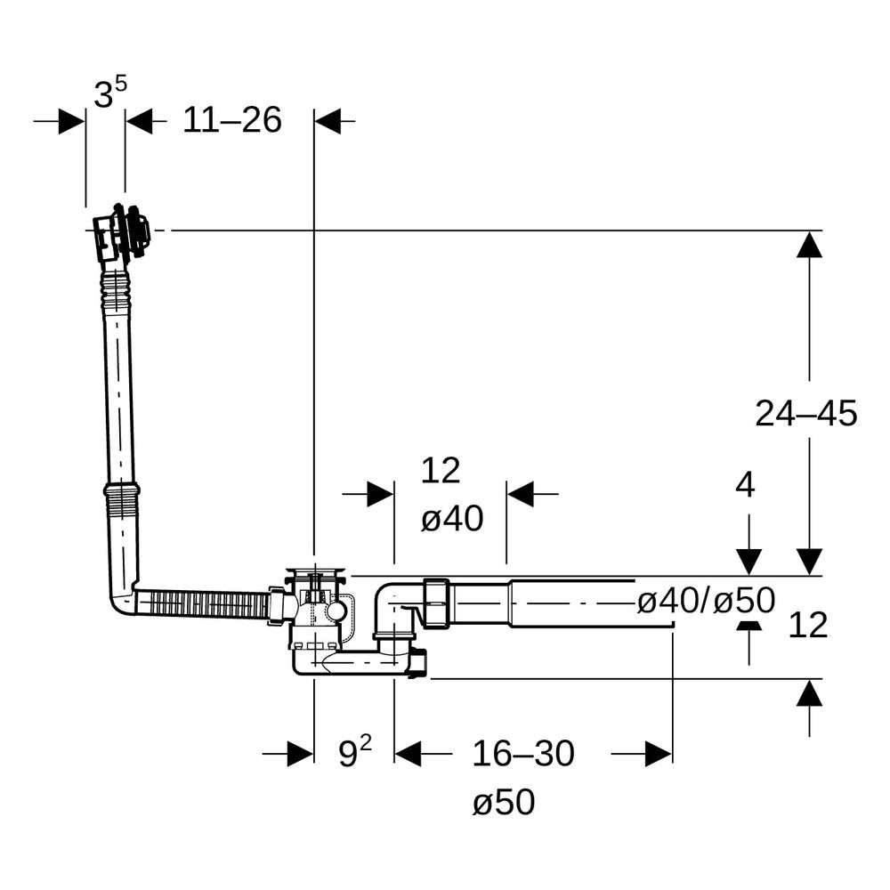 Geberit Badewannenablauf mit Drehbetätigung, Länge 26cm Außendurchmesser 40/50mm... GEBERIT-150501006 4025410567376 (Abb. 10)