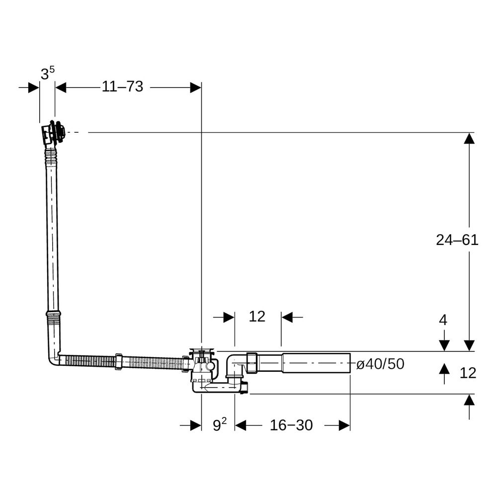 Geberit Badewannenablauf mit Drehbetätigung, Länge 73cm Außendurchmesser 40/50mm... GEBERIT-150505006 4025410567536 (Abb. 11)