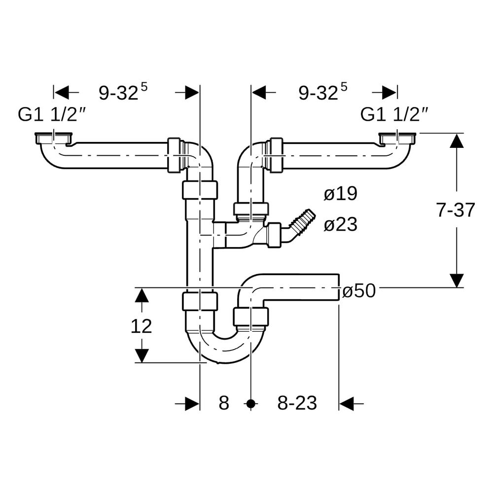 Geberit Siphon Rohrbogengeruchsverschluss für zwei Spülbecken Abgang horizontal... GEBERIT-152818111 4025416022213 (Abb. 10)