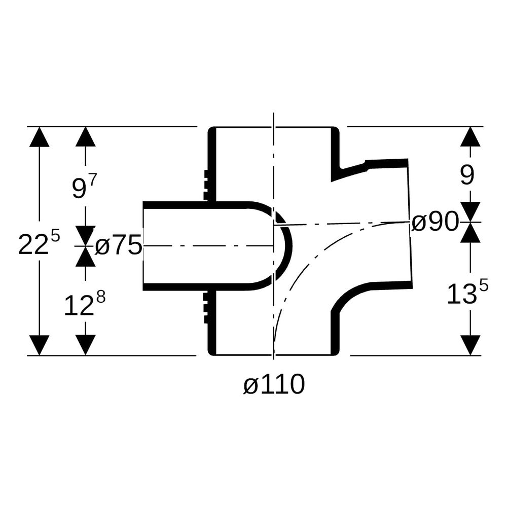 Geberit Silent db20 Schachtbogenabzweig 88,5 Grad rechts, D 110mm, D1 90mm, D2 75mm... GEBERIT-310871141 4025416171263 (Abb. 9)
