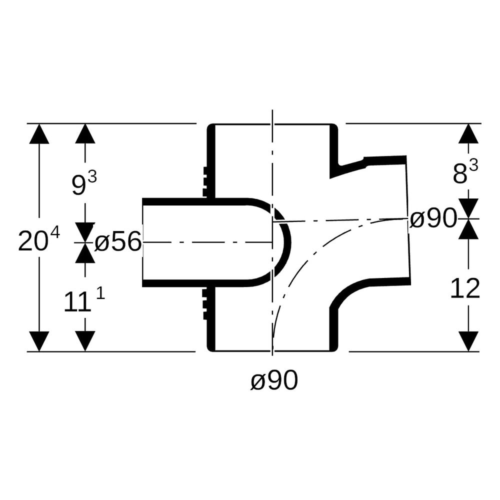 Geberit Silent db20 Schachtbogenabzweig 88,5 Grad rechts D 90mm, D1 90mm, D2 56mm... GEBERIT-308875141 4025410100528 (Abb. 7)
