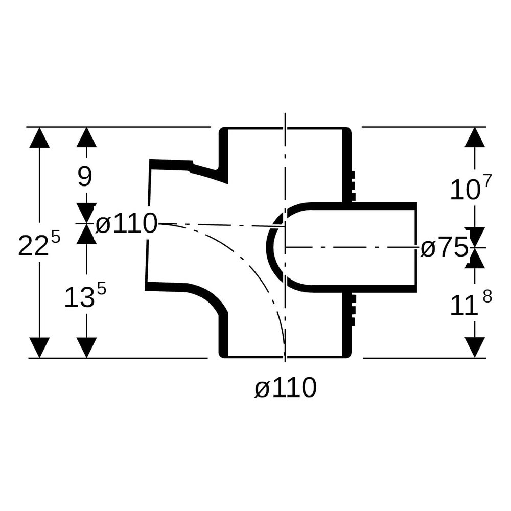 Geberit Silent db20 Schachtbogenabzweig 88,5 Grad links D 110mm, D1 110mm, D2 75mm... GEBERIT-310172141 4025416171256 (Abb. 9)