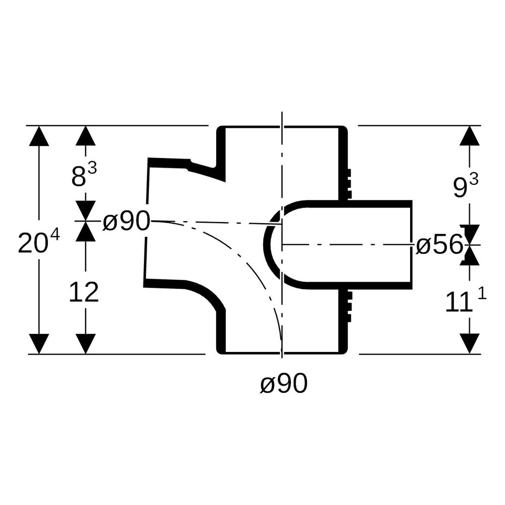 Geberit Silent db20 Schachtbogenabzweig 88,5 Grad links D 90mm, D1 90mm, D2 56mm... GEBERIT-308874141 4025410100702 (Abb. 7)
