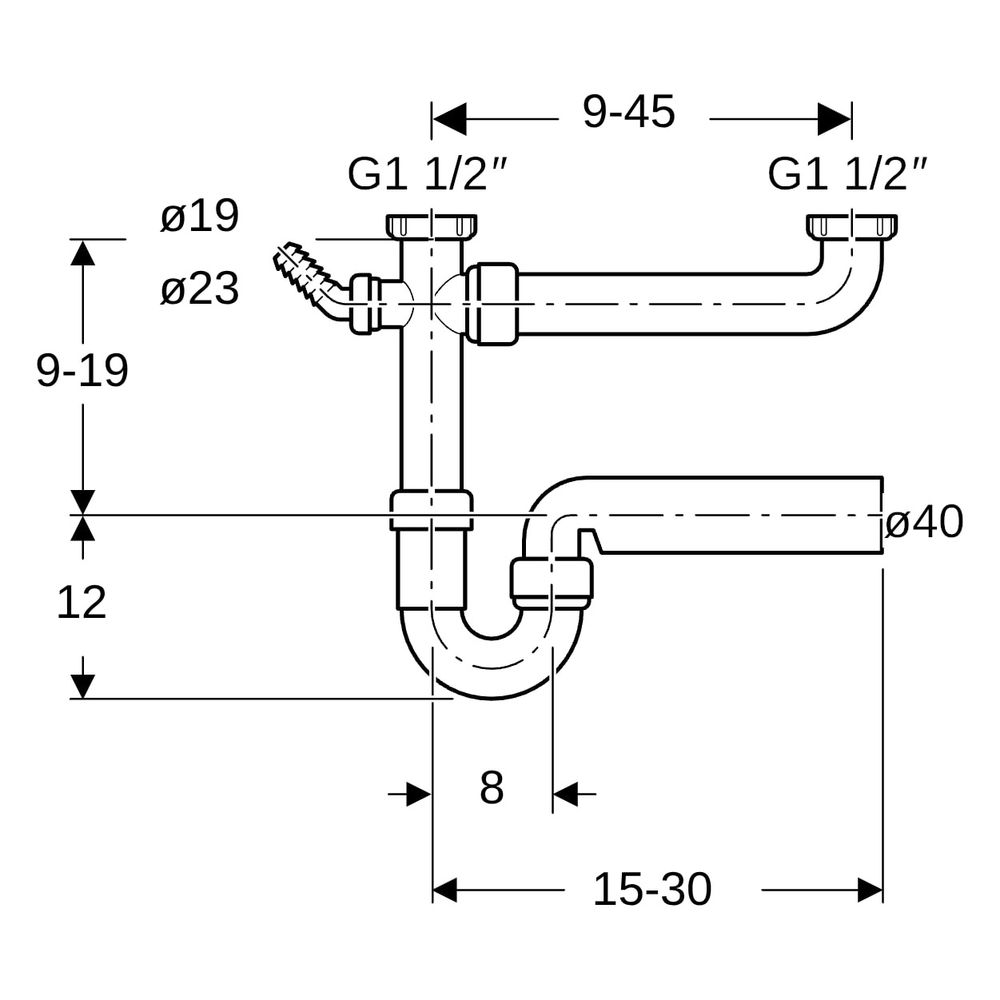 Geberit Siphon Rohrbogengeruchsverschluss für 2 Spülbecken Winkelschlauchtülle extr... GEBERIT-152597111 4025416019107 (Abb. 10)