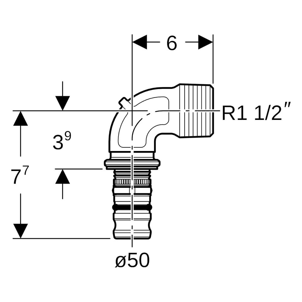 Geberit Mepla Übergangsbogen 90 Grad mit Außengewinde, D 50mm, R 1 1/2", Rotguss ble... GEBERIT-606255005 4025416680321 (Abb. 7)