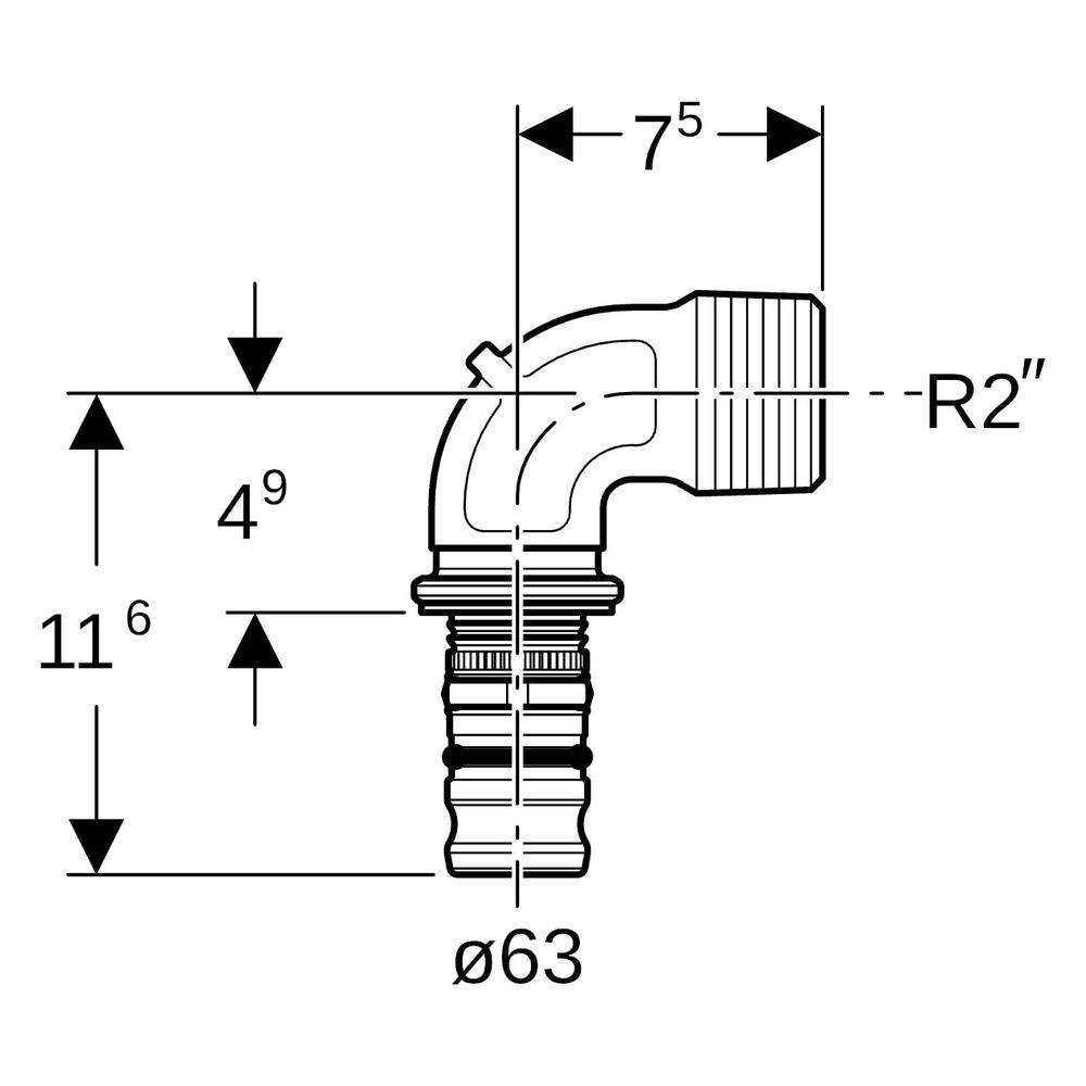 Geberit Mepla Übergangsbogen 90 Grad mit Außengewinde, D 63mm, R 2", Rotguss bleifre... GEBERIT-607255005 4025416799269 (Abb. 7)