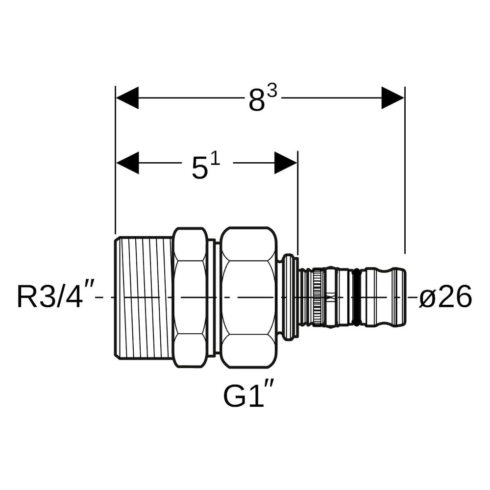Geberit Mepla Übergangsverschraubung mit Außengewinde, D 26mm, R 3/4", G 1", Rotguss... GEBERIT-603590005 4025416679479 (Abb. 7)