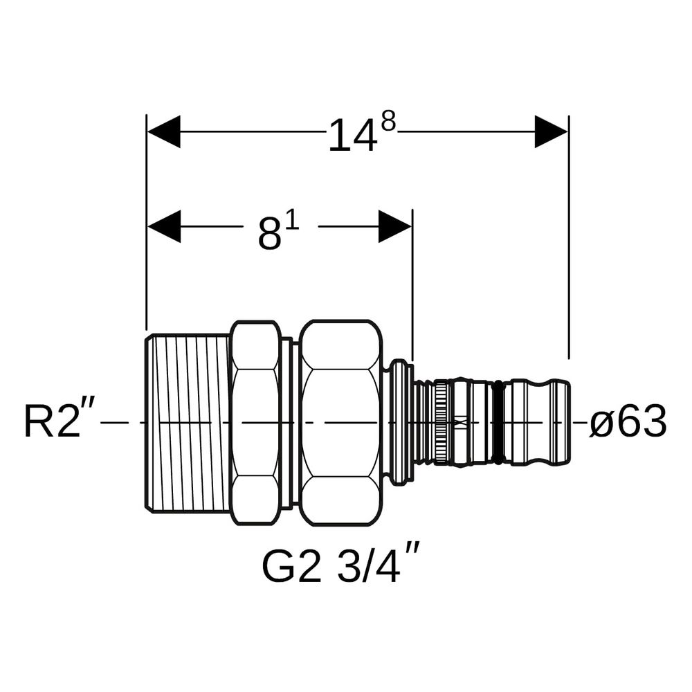 Geberit Mepla Übergangsverschraubung mit Außengewinde, D 63mm, R 2", G 2 3/4", Rotgu... GEBERIT-607590005 4025416680550 (Abb. 7)