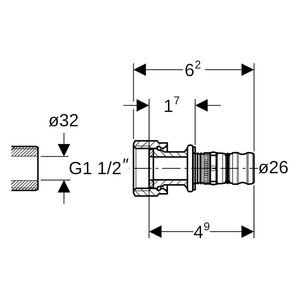 Geberit Mepla Übergang mit Überwurfmutter, D 26mm, ID 32mm, G 1 1/2", Rotguss bleifr... GEBERIT-603585005 4025416679530 (Abb. 7)