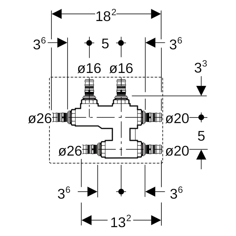 Geberit Mepla Kreuzungs-T-Stück mit Dämmbox, CW617N, D 26mm, D1 16mm, D2 20mm... GEBERIT-613312005 4025416678809 (Abb. 9)