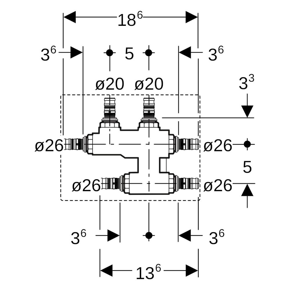 Geberit Mepla Kreuzungs-T-Stück mit Dämmbox, CW617N, D 26mm, D1 20mm, D2 26mm... GEBERIT-613313005 4025416689294 (Abb. 9)