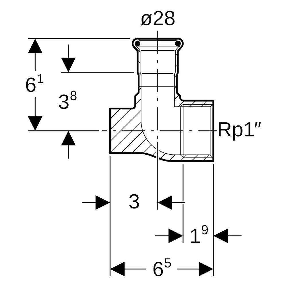 Geberit Mapress Edelstahl Anschlusswinkel 90 Grad abgesetzt, Lochkreis 50mm, Gas D 28mm,... GEBERIT-91100 4024723911005 (Abb. 7)