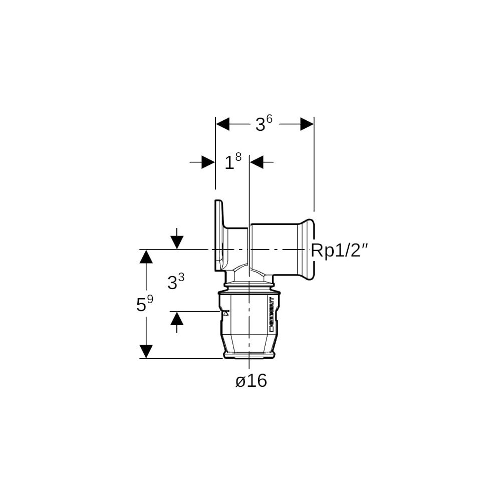Geberit PushFit Anschlusswinkel 90 Grad CW617N, d 16mm, Rp 1/2″, L1 3,6cm... GEBERIT-650291001 4025416717225 (Abb. 5)