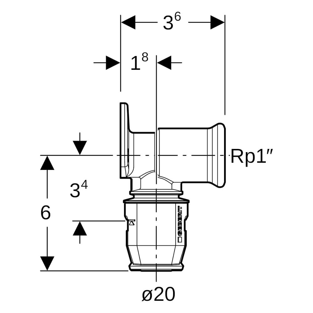 Geberit PushFit Anschlusswinkel 90 Grad CW617N, d 20mm, Rp 1/2″, L1 3,6cm... GEBERIT-651291001 4025416717553 (Abb. 7)