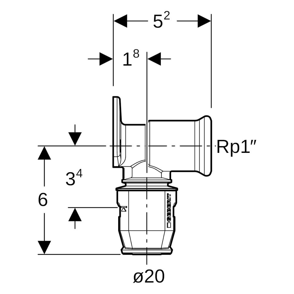 Geberit PushFit Anschlusswinkel 90 Grad CW617N, d 20mm, Rp 1/2″, L1 5,2cm... GEBERIT-651297001 4025416719083 (Abb. 7)