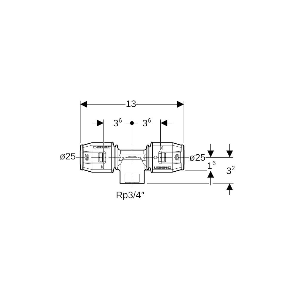 Geberit PushFit T-Stück mit Innengewinde CW617N, d 25mm, Rp 3/4″, d1 25mm... GEBERIT-652362001 4025416109600 (Abb. 5)