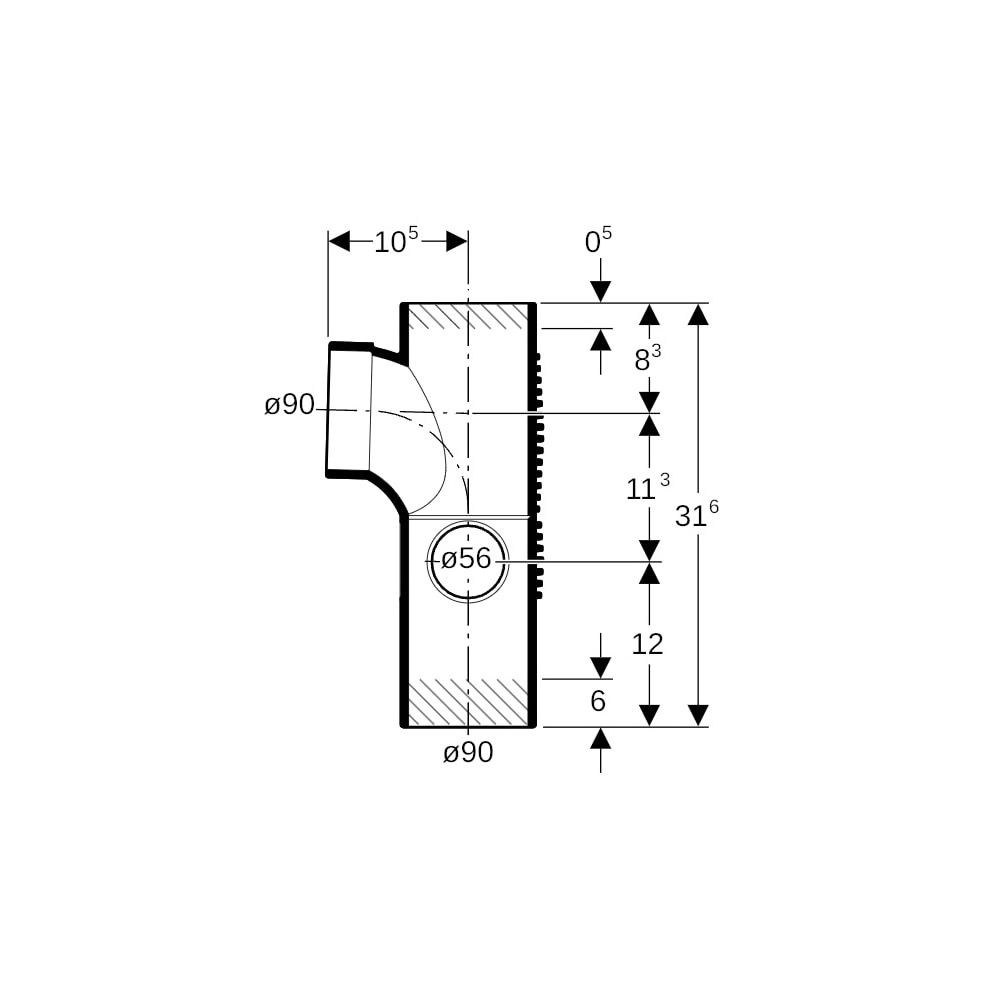 Geberit Silent db20 Kombibogeneckabzweig 88,5 Grad rechts d 90mm, d1 90mm, d2 56mm... GEBERIT-308815141 4025416296331 (Abb. 7)