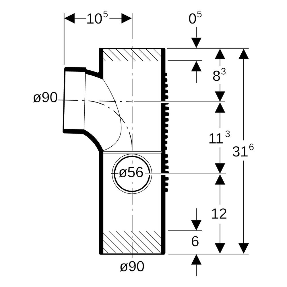 Geberit Silent db20 Kombibogeneckabzweig 88,5 Grad rechts D 90mm, D1 90mm, D2 56mm... GEBERIT-308815141 4025416296331 (Abb. 9)